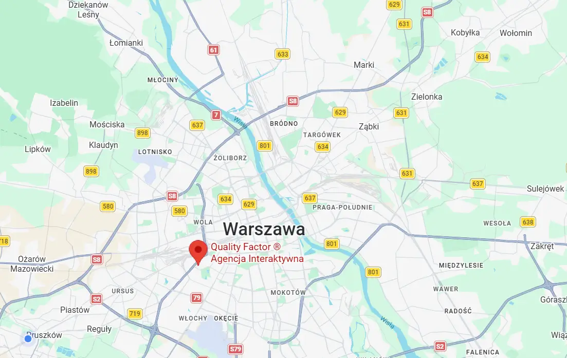 Plan dojazdu do biura Quality Factor z oznaczeniem budynków